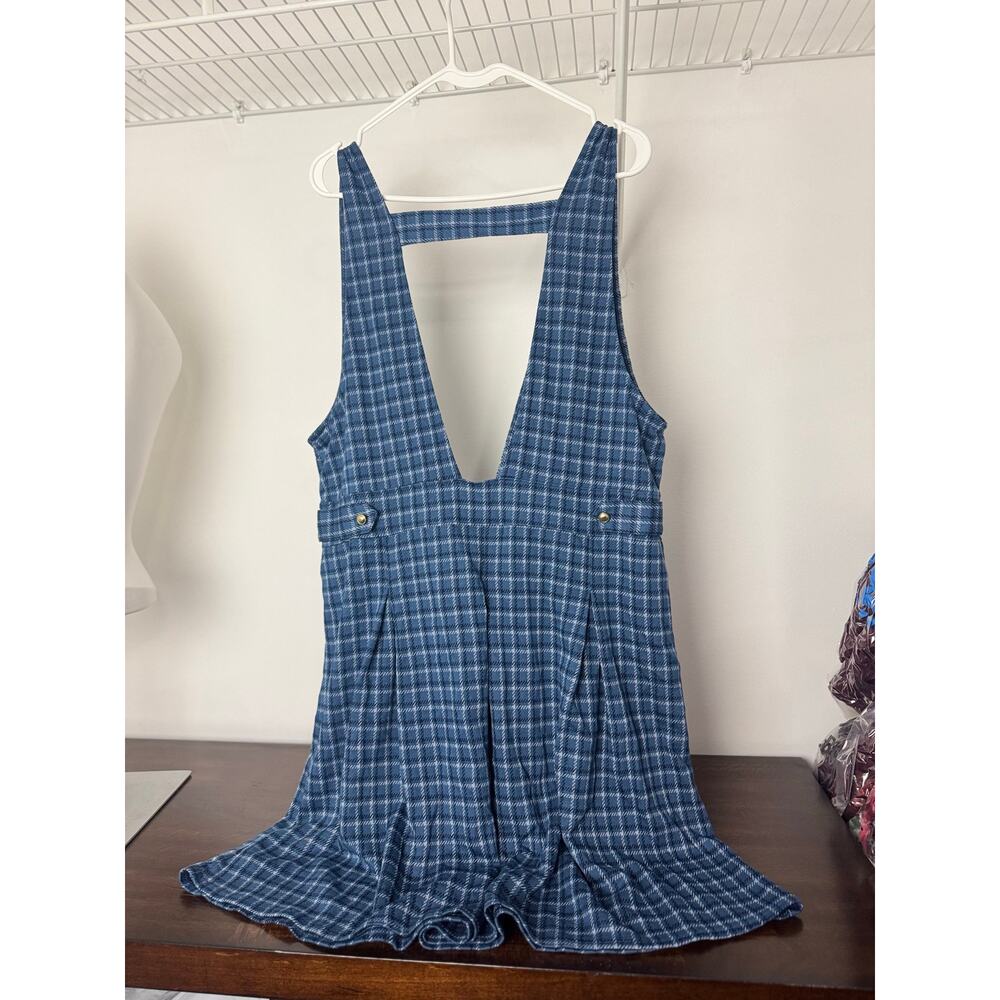 American Eagle It Knit Blue Checkered Pinafore Pleated Mini Dress XL - Picture 4 of 9